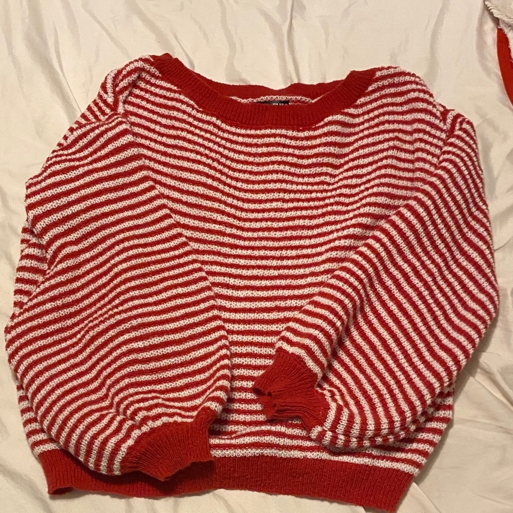 SHEIN Red and White Striped Crew Neck Sweater